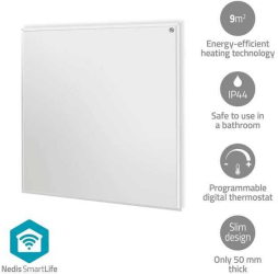 Panou radiant cu infrarosu Nedis WiFi 350W termostat telecomanda IP44 alb 598x620x240mm HTIP350WTW 