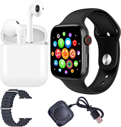 Ceas Smartwatch cu Casti wireless Si 2 Bratari de Silicon 44mm Display IPS Full Touch Black Edition T55 Pro Max Ultra 8 