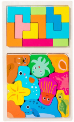Puzzle Montessori din Lemn pentru Copii Flippy Tip Tetris 2in1 +3 Ani cu Animale Marine Colorate 3D Educativ Intuitiv Creativ 21 de Piese 