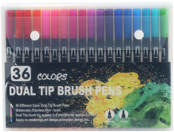 Set 36 Carioci Flippy pe Baza de Apa 2 Tipuri de Varf 1-2 mm 0.4 mm Corp Carioca Negru din Plastic Multicolor 