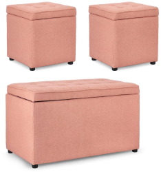 Set bancuta 2 tabureti textil roz blush Derrick 40x40x40 cm 89x48x51 cm 