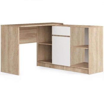 Birou calculator pe colt placa laminata 1 sertar 6 rafturi stejar si alb 120x126x79/77 cm 