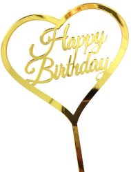 Decoratiune Topper pentru Tort Flippy Model Inimioara Scris Happy Birthday Tematica Aniversare Auriu 