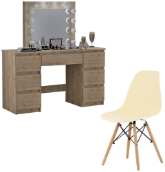 Masa de toaleta/machiaj + Scaun stil scandinav Artool Vanessa stejar wotan cu oglinda si LED-uri 130x43x143 cm 