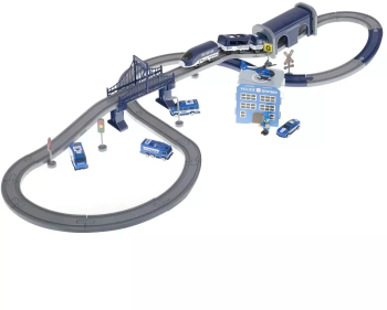 Tren electric cu vagoane de politie si elicopter 92 de elemente Gonga® Albastru/Gri 