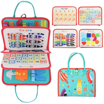 Carte Senzoriala Educativa Montessori Flippy cu Activitati Dezvoltare Abilitati Motorii 4 Pagini Model Spatiu Cosmic 28x22x7 cm Albas 