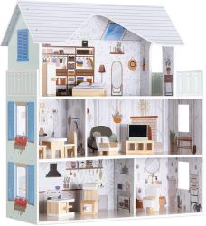 Casa de papusi din lemn Navaris cu 3 etaje cu mobilier si accesorii 5 camere si balcon 69.5x62x27 cm 55376.01 