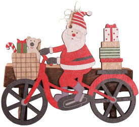 Decoratiune de Craciun din Lemn Flippy cu Snur pentru Agatare in Brad Model Mos Craciun pe Bicicleta 10.3x11.5x0.5 cm Multicolor 