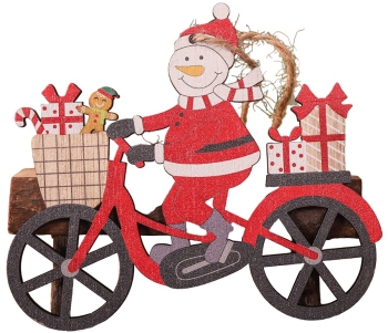 Decoratiune de Craciun din Lemn Flippy cu Snur pentru Agatare in Brad Model Om de Zapada pe Bicicleta 10.3x11.5x0.5 cm Multicolor 