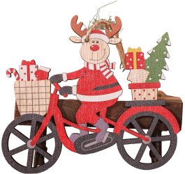 Decoratiune de Craciun din Lemn Flippy cu Snur pentru Agatare in Brad Model Ren pe Bicicleta 10.3x11.5x0.5 cm Multicolor 