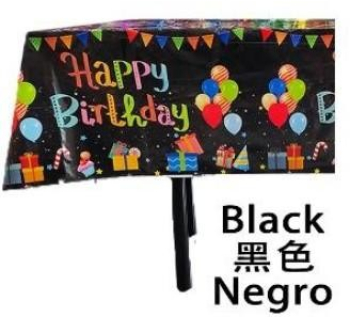 Fata de masa din folie cu Happy birthday negru+137183cm 