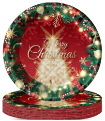 Set 16 Farfurii de Unica Folosinta Flippy Model Brad de Craciun Merry Christmas Tematica Craciun 23 cm Rosu/Verde 