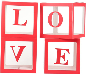 Set 4 Cutii pentru Baloane Flippy Model Scris Love Tematica Iubire Cuburi Decorative din Plastic Accesorii pentru Petrecere 30x30 cm 