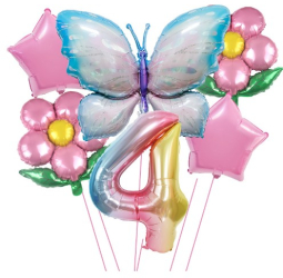 Set baloane aniversare cu numere 6 piese 2 flori 2 stelute 1 fluture Roz Cifra 4 