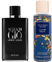 SET CADOU AQUA DI GIO PROFUMMO 100 ML BARBATI + LUNAR FRUIT SPRAY DE CORP VICTORIAS SECRET 250 ML FEMEI 