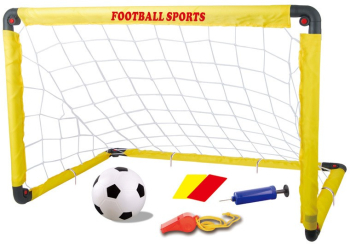 Set Poarta de Fotbal pentru Copii Flippy 80x120 cm Minge Cartonase Pompa Fluier Interactiv Distractiv Galben 