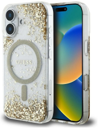 Husa pentru iPhone 16 - Guess Hardcase Resin Bottom Glitter MagSafe GUHMP16SRGRGED - Gold 