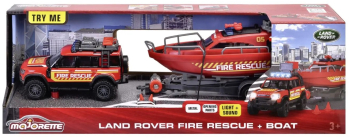 MAJORETTE SET MASINA DE POMPIERI LAND ROVER SI BARCA DE SALVARE 