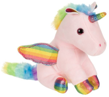 Unicorn din plus in pozitia asezat cu coada si coama multicolor 12X9x15 cm 