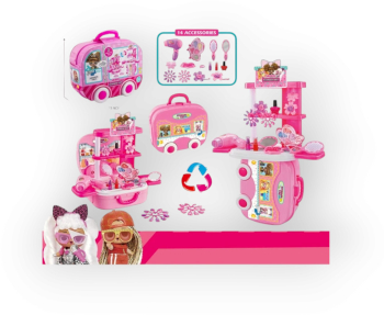 Set de infrumusetare 14 accesorii masa de toaleta valiza pe roti cu stickere Roz 3+