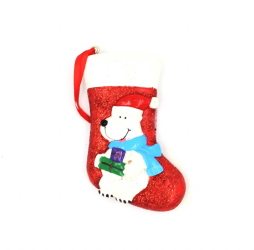 Decoratiune cu magnet - Ciorap de Craciun cu urs polar si cadouri 