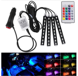 Kit iluminare ambientala auto banda LED RGB interior masina 4 benzi 48 leduri senzor muzica multicolor 12V cu telecomanda 