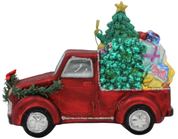 Ornament Edelman din metal - Masina rosie cu brad si cadouri