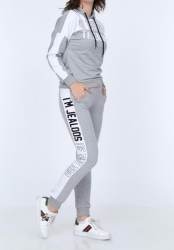 Trening dama Jealous cu maneca lunga si pantaloni lungi gluga imprimeu text bumbac XL gri melange cu alb 