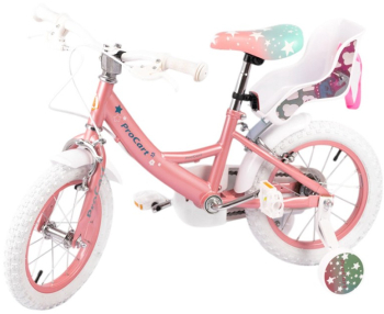 Bicicleta pentru copii cu roti ajutatoare 12 inch scaun papusi cadru otel frane v-brake unicorn roz 