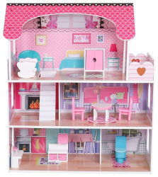 Casuta de papusi complet mobilata mdf 3 nivele 5 camere 8 accesorii 62x27x70 cm 