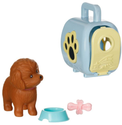 Cusca cu catel maro os si castron din plastic multicolor 