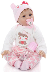 Papusa bebelus 55 cm aspect realist hainute roz 5 accesorii suzeta magnetica 