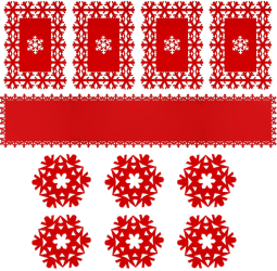 Set 11 piese fata de masa decorativa 4 servetele de masa si 6 suporturi pentru pahar 180 x 35 cm fetru rosu 
