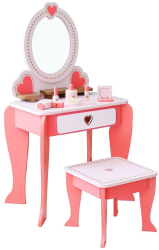 Set masa de toaleta pentru fetite 92x34x49 cm scaun si oglinda accesorii par si machiaj lemn roz 