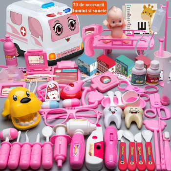 Trusa medicala cu 73 de accesorii pentru copii ambulanta interactiva cu lumini si efecte sonore bebelus roz 