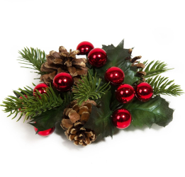 Decoratiune lumanari Craciun cu globuri rosii si conuri de brad DecorCasa 14 cm 
