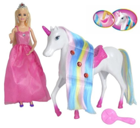 Papusa printesa in rochie lunga roz si coroana argintie in par si un unicorn alb cu o coama lunga in culorile curcubeului cu sa si corn cu l 