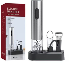 Set Tirbuson electric pentru vin SELLIUM® 5 accesorii Desfacator electric taietor de folie aerator de turnare pompa de vid si baza 