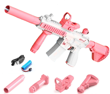 Pistol cu Apa Automat cu Jet Continuu si Rezervor cu Amortizor si Luneta Distanta de Tragere 10m Cu Acumulator 3 7V Alb/Roz SprintMag&r 