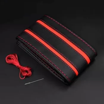 Husa volan din PIELE NATURALA CU DOUA DUNGI ROSII pentru autoturisme diametru 37 - 39 cm cu ac si ata se coase aspect ORIGINAL 