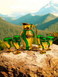 Set carafa verde si 6 pahare din sticla 