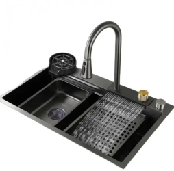 Set Chiuveta Bucatarie cu Baterie cu Dus Extractibil si Accesorii Multifunctionala din Inox