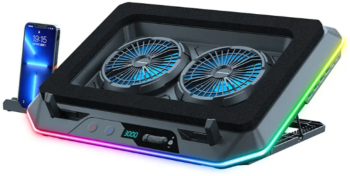 Cooler Laptop cu Turboventilare Adsinio 2 Ventilatoare Suport Telefon Lumina RGB Afisaj Digital Reglarea Turatiei Vantilatoarelor 300- 