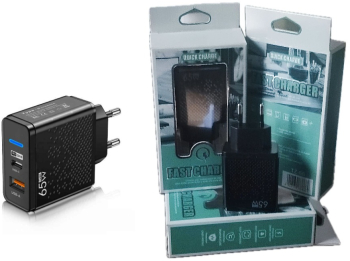 Incarcator rapid de 65W de culoare neagra cu Porturi USB-C si USB-A pentru Incarcare Rapida compatibil cu Apple/Samsung/Huwaei/Xiaomi 