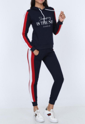 Trening dama Lorena cu gluga maneca lunga pantaloni lungi imprimeu text bumbac S bleumarin 
