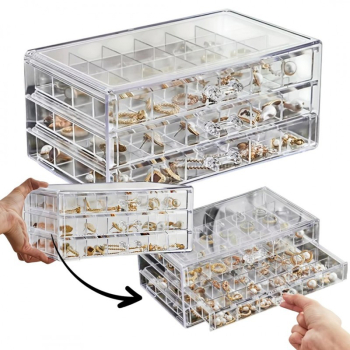 Cutie de bijuterii organizator transparent cu 3 sertare 72 de compartimente PD159B 