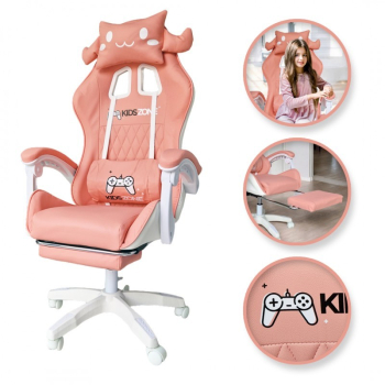 Scaun de gaming roz pentru fetite cu perna lombara si suport picioare 64x116-123 cm KIDS ZONE KO27R 