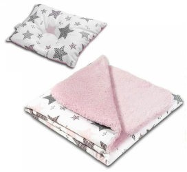 Set paturica dubla pufoasa cu doua fete 100x78 cm si perna bebelusi contra plagiocefaliei Kidizi Pink Stars 