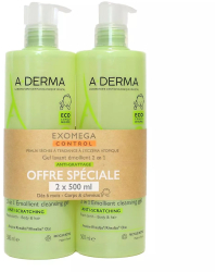 Set Gel de dus hidratant si delicat pentru copii si bebelusi A-Derma Exomega Control 2 x 500 ml 