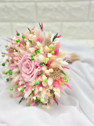 Buchet flori naturale uscate si trandafir criogenat XL personalizabil ideal pentru cununie civila nunta mireasa sau cadou alb-roz 